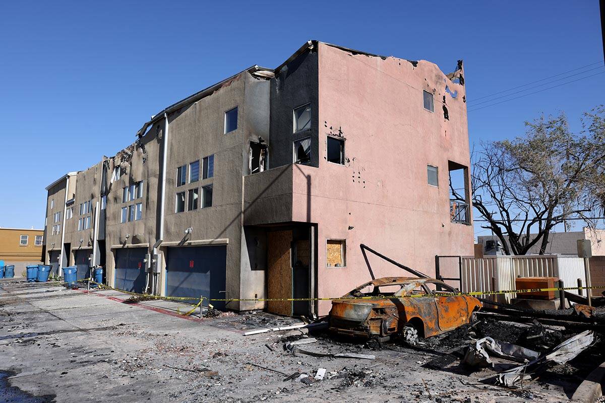 The aftermath of fire at Urban Lofts Townhomes on East Fremont Street near Eastern Avenue in La ...