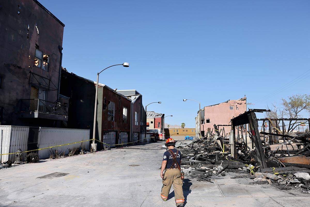 The aftermath of fire at Urban Lofts Townhomes on East Fremont Street near Eastern Avenue in La ...