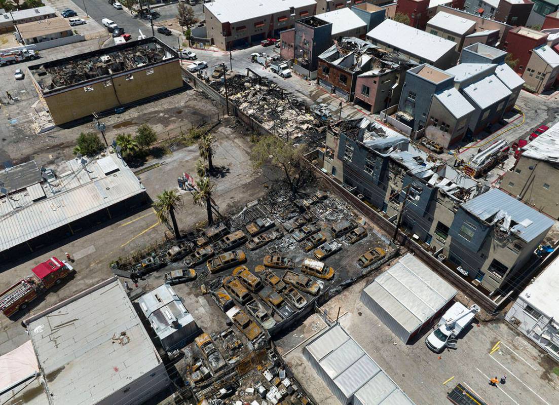 More than 30 vehicles where destroyed after a fire damaged or destroyed at least 10 buildings a ...