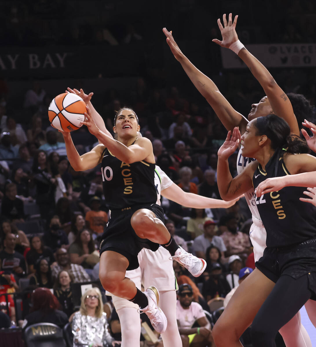 Las Vegas Aces guard Kelsey Plum (10) lays up the ball against the Minnesota Lynx during the se ...