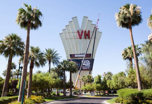The "L" of the LVH logo is removed from the 279-foot-tall sign at the former Las Vegas Hilton o ...