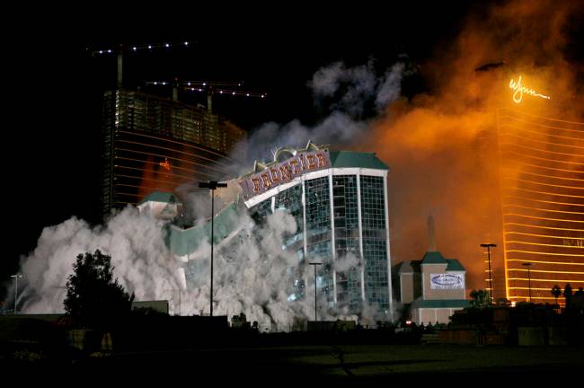 The New Frontier hotel-casino at 3200 S. Las Vegas Blvd. is imploded early in the morning on No ...