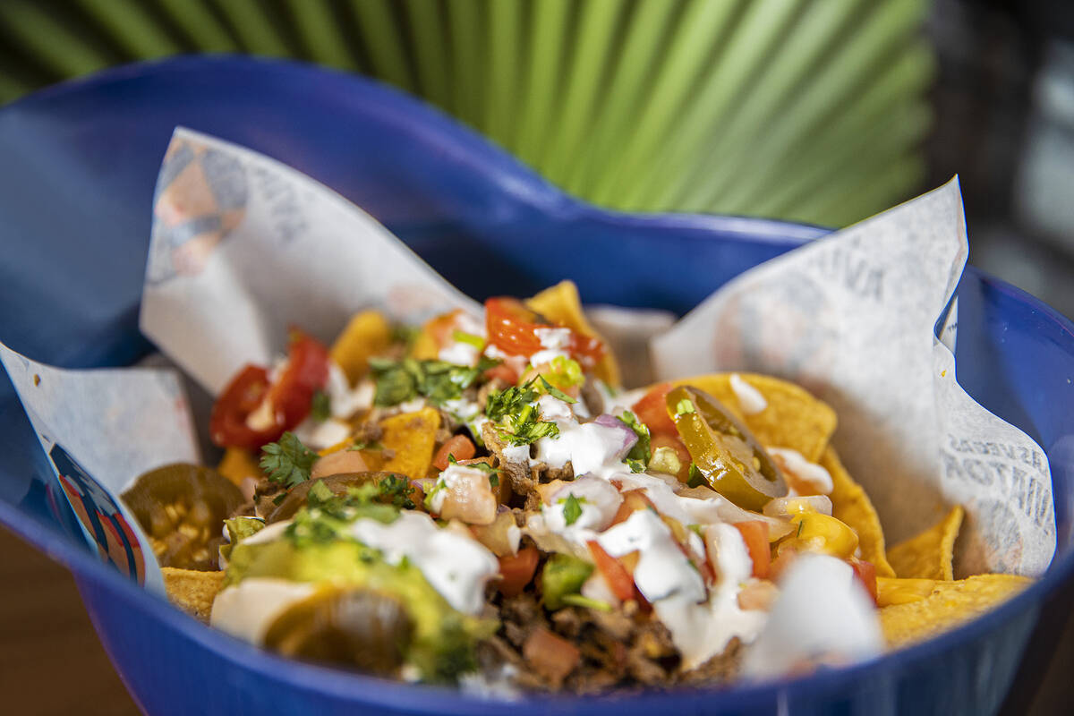 Carne asada nachos in an Aviators helmet at Las Vegas Ballpark on Sunday, May 15, 2022, in Las ...