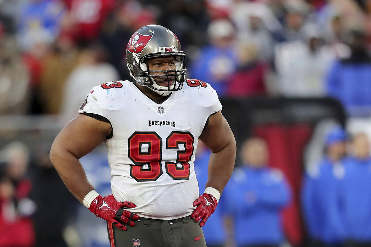 Tampa Bay Buccaneers defensive end Ndamukong Suh (93) looks on during a NFL divisional playoff ...