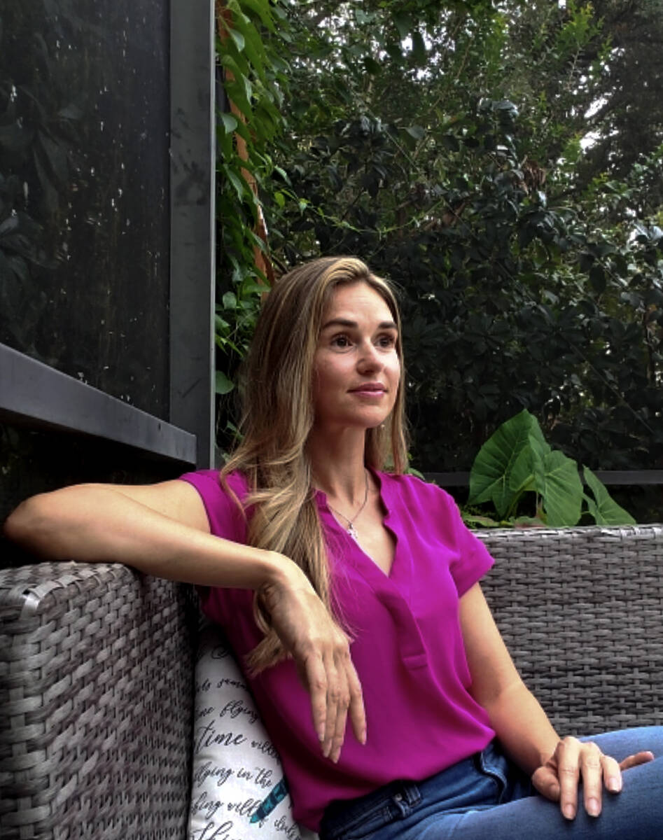 Lacy Fields, a former Raiders cheerleader who sued the NFL team, at her home via Zoom on Tuesda ...