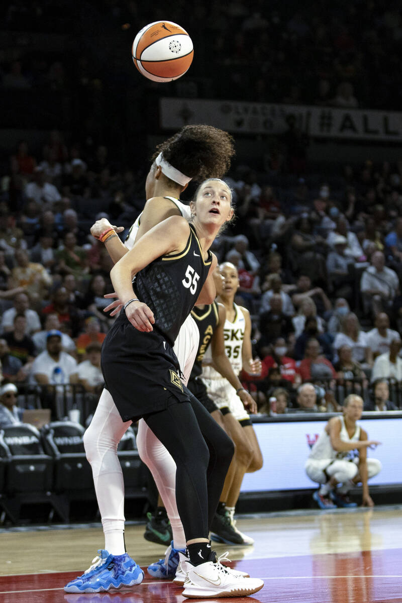Las Vegas Aces forward Theresa Plaisance (55) guards Chicago Sky forward Candace Parker (3) dur ...