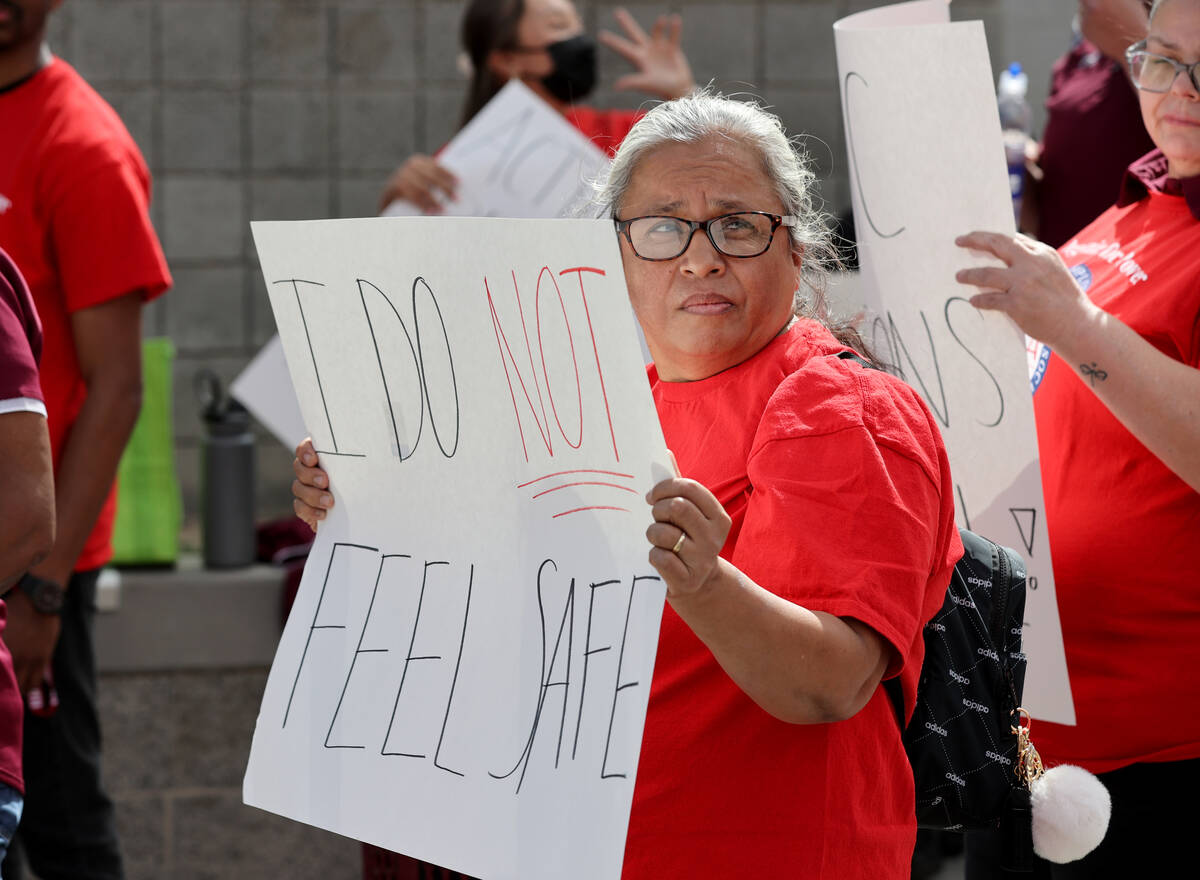 Eldorado High School food service worker Patty Hernandez ptotests outside the Las Vegas school ...