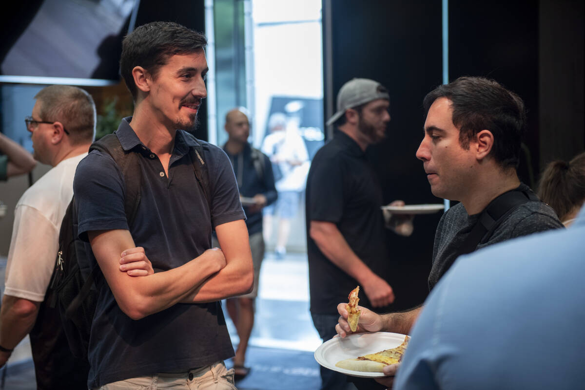 Dan Sewnig, left, chats with Michael Gagliano, both from New Jersey, chat at the PokerGO studio ...