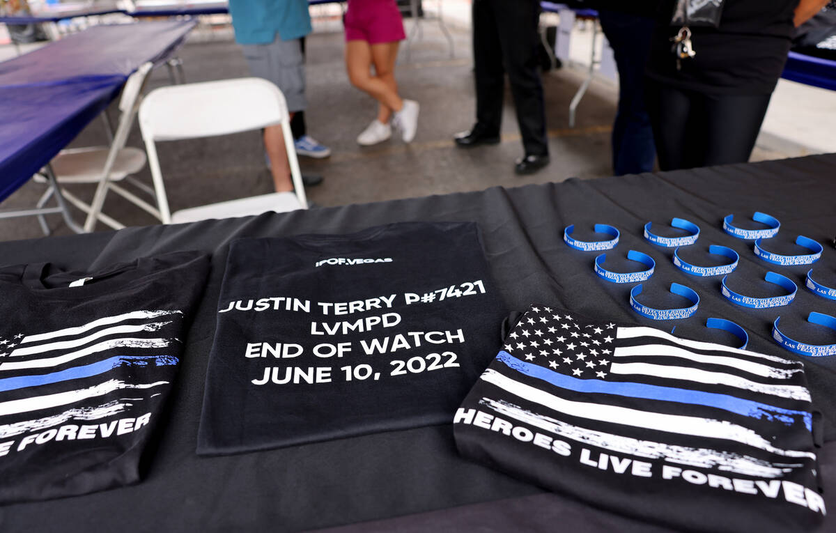 Items honoring late Las Vegas police Detective Justin Terry for sale during a fundraiser for Te ...