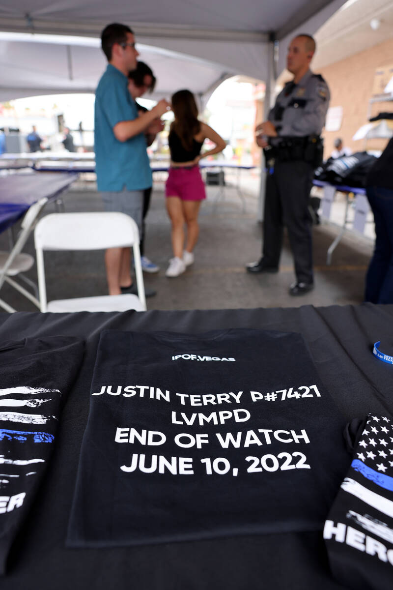 Items honoring late Las Vegas police Detective Justin Terry for sale during a fundraiser for Te ...