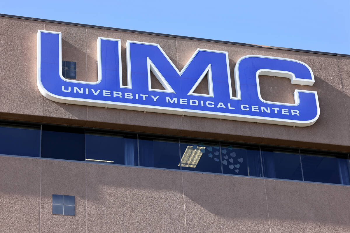 Hearts are taped inside a window at University Medical Center in Las Vegas on Thursday, June 23 ...