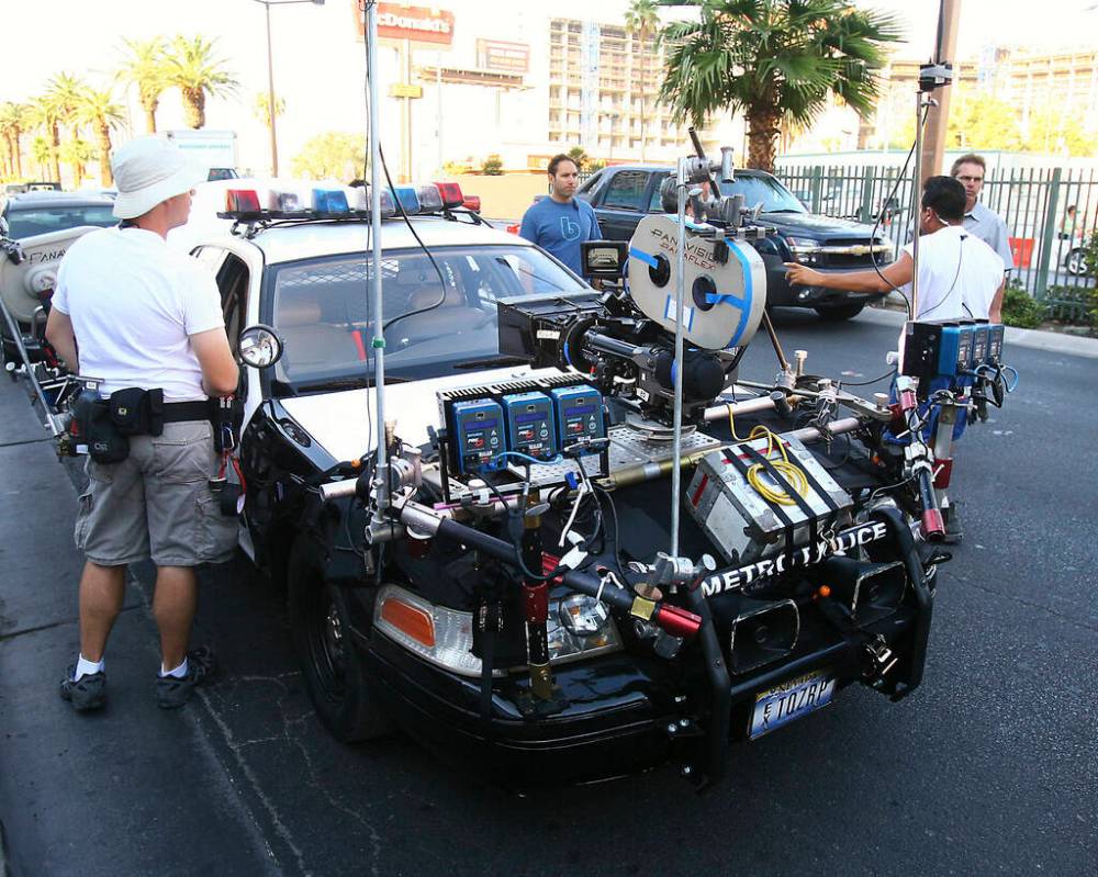 A Las Vegas Metropolitan Police Department cruiser is outfitted for filming for the movie "The ...
