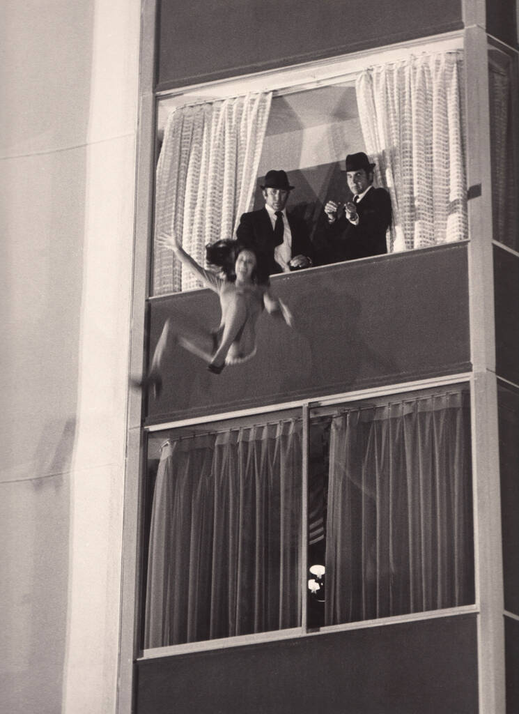 A dummy, filling in for Lana Wood, is thrown out of a window at the Las Vegas Hilton during fil ...