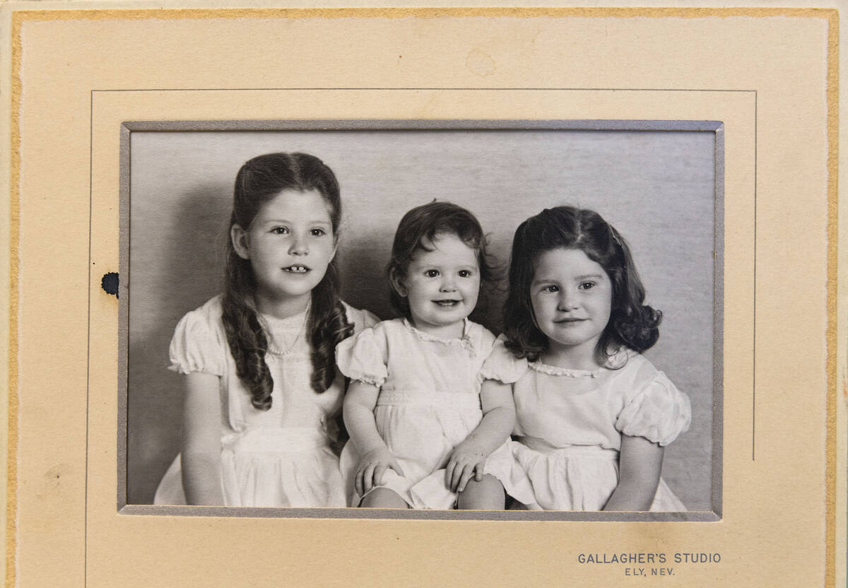 A photograph taken in 1950 showing Jeanne Sharp Howerton, right, her sisters Carole, left, and ...