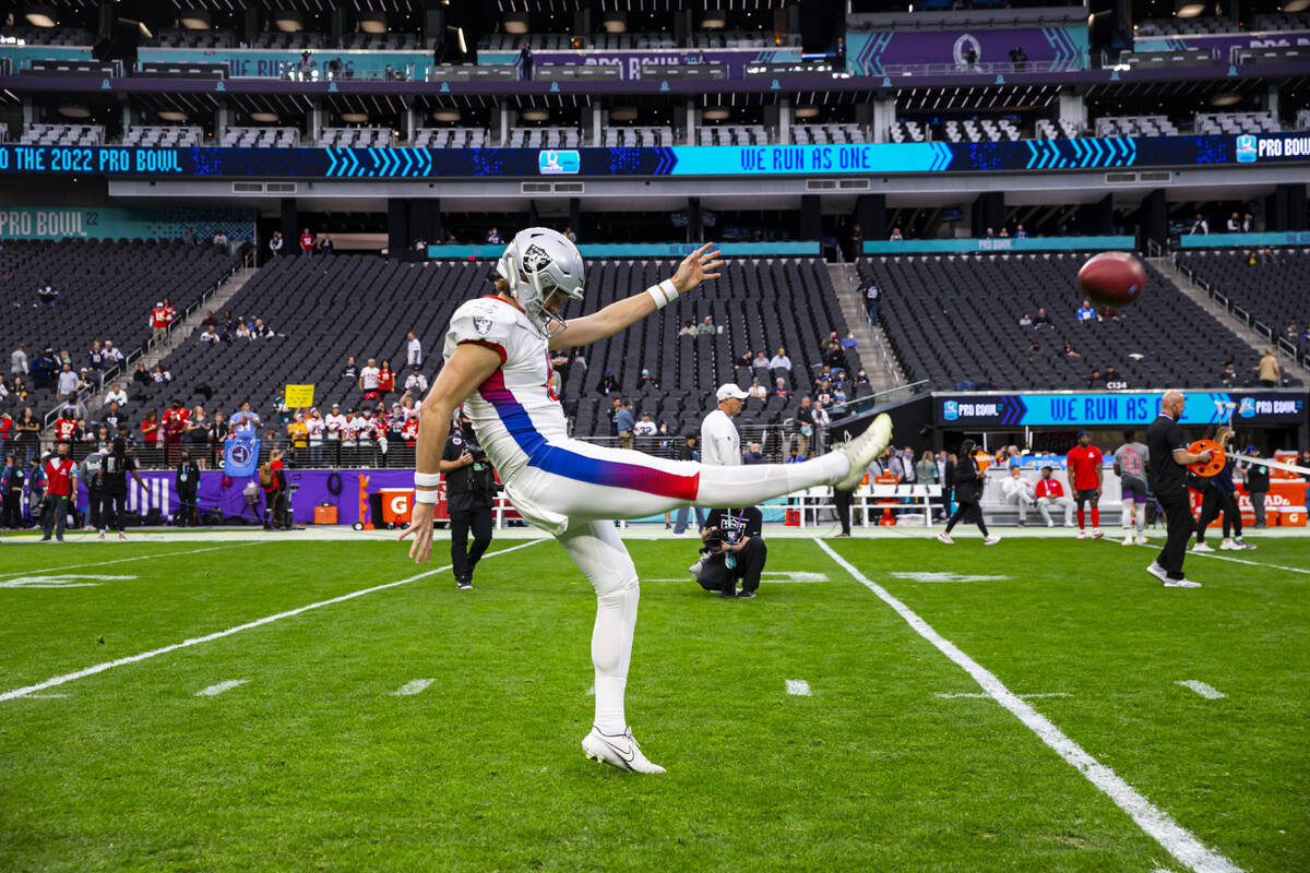 AFC punter AJ Cole of the Las Vegas Raiders (6) warms up before the start of an NFL Pro Bowl fo ...