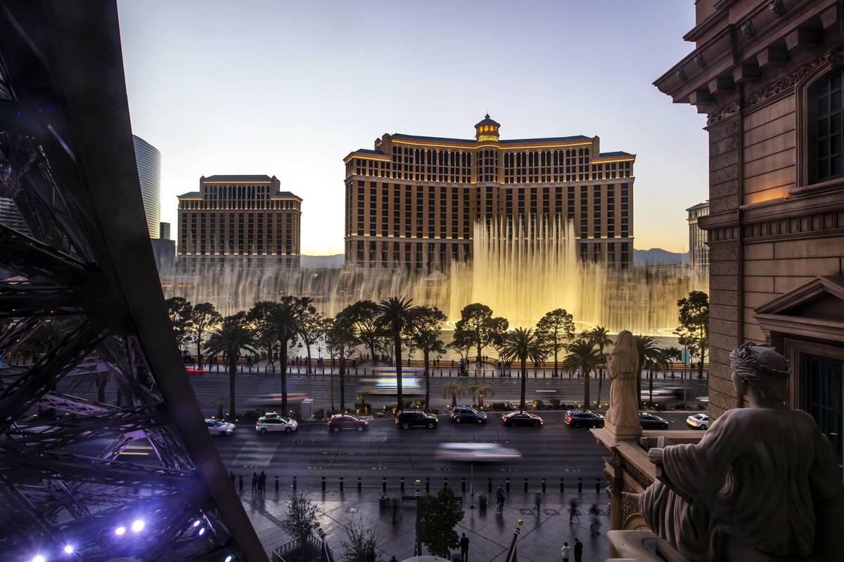 Bellagio is seen from the Chateau Rooftop at Paris Las Vegas on Wednesday,  Jan. 19, 2022, in La …