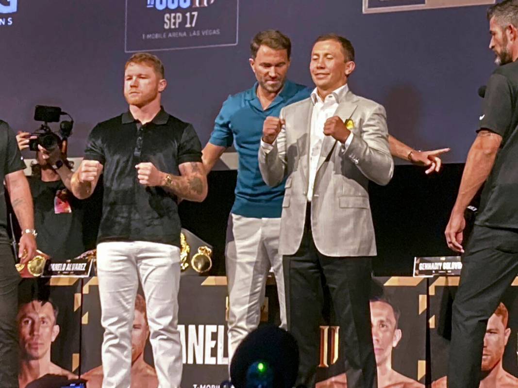 Saul "Canelo" Alvarez, left, poses with Gennadiy Gennadyevich Golovkin, known as &quo ...