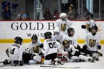 The Mavericks tackle their goaltender after winning a 10U Jr. Golden Knights Hockey League game ...