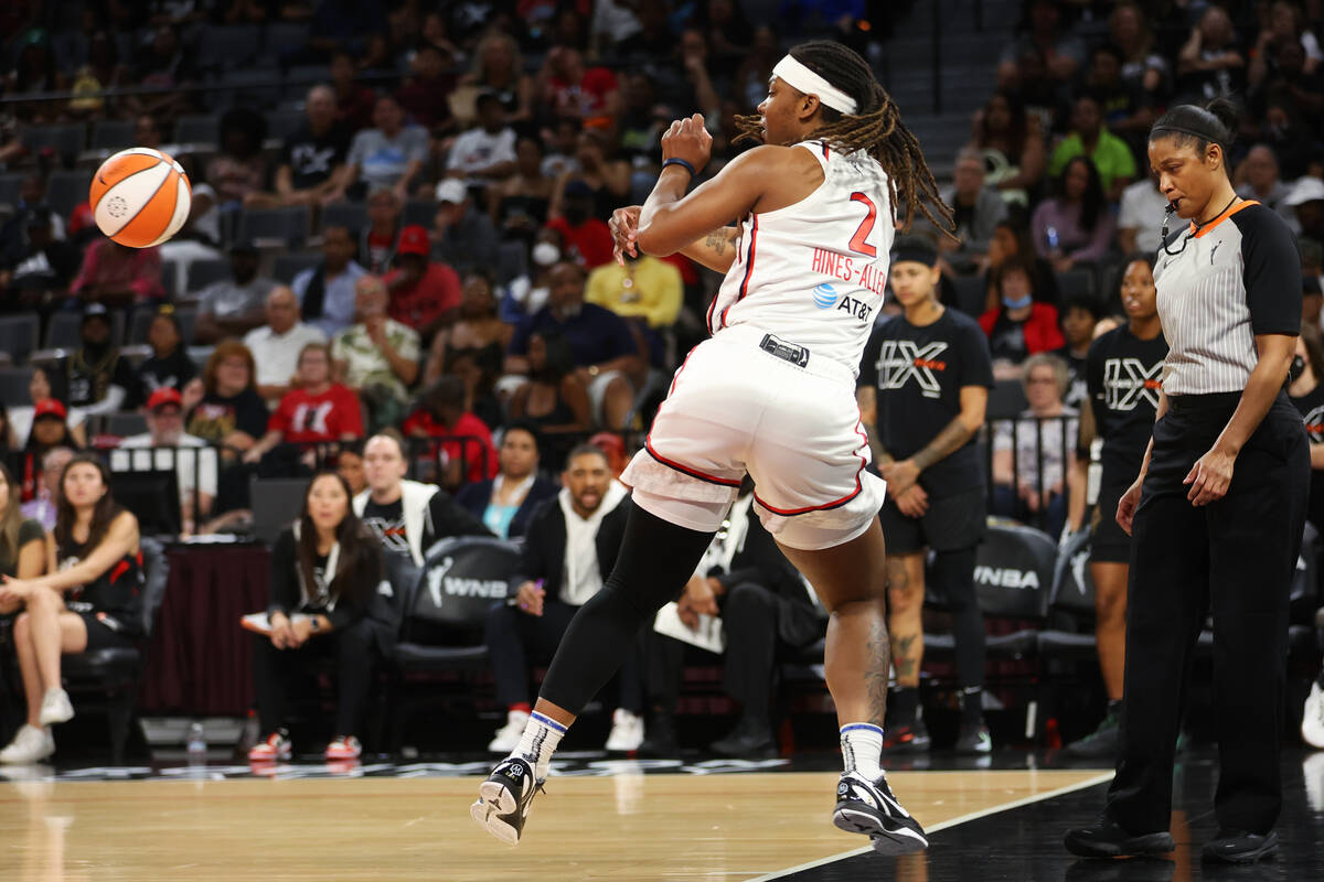 Washington Mystics forward Myisha Hines-Allen (2) saves a ball from going out of bounds against ...