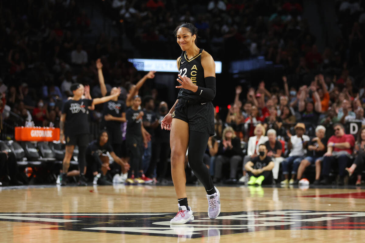 Las Vegas Aces forward A'ja Wilson (22) reacts after scoring a three-point shot during the seco ...