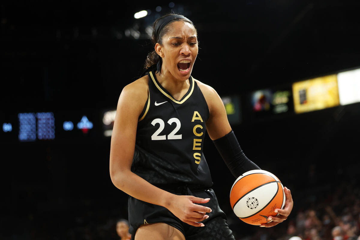 Las Vegas Aces forward A'ja Wilson (22) reacts after a play during overtime in a WNBA basketbal ...