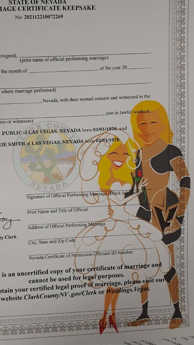 A ceremonial wedding license made by the Clark County Marriage Bureau. (Photo submitted)