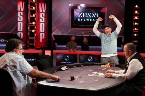 Eric Smidinger celebrates winning the World Series of Poker $1,000 buy-in Seniors No-limit Hold ...