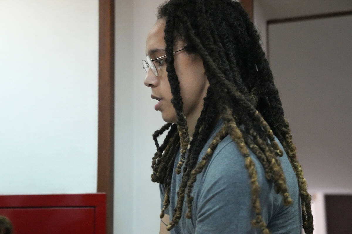 WNBA star and two-time Olympic gold medalist Brittney Griner is escorted to a courtroom for a h ...