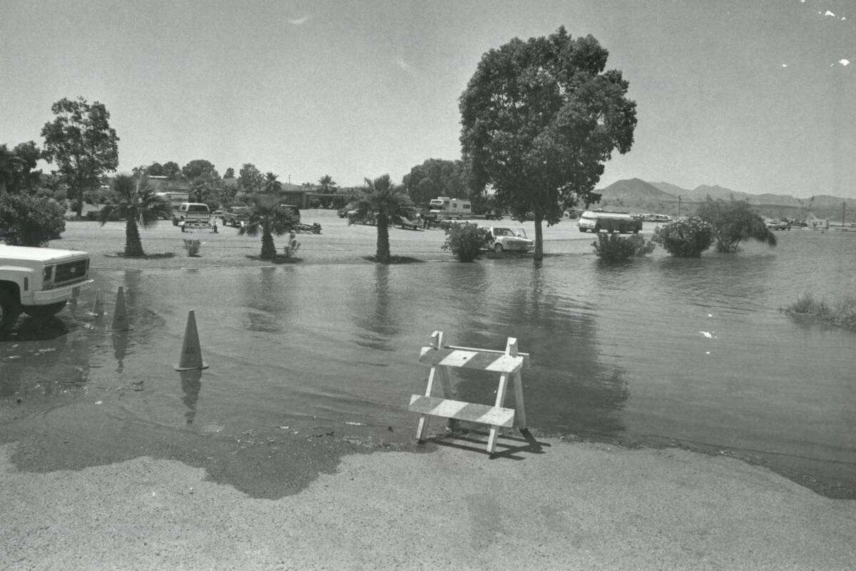 Flooded parking lot at Las Vegas Boat Harbor, seen on July 28, 1983. (Las Vegas Review-Journal)