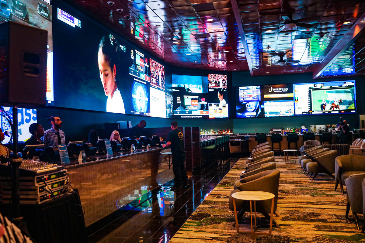 The newly renovated sportsbook at Harrah’s in Las Vegas, Wednesday, June 29, 2022. (Rach ...