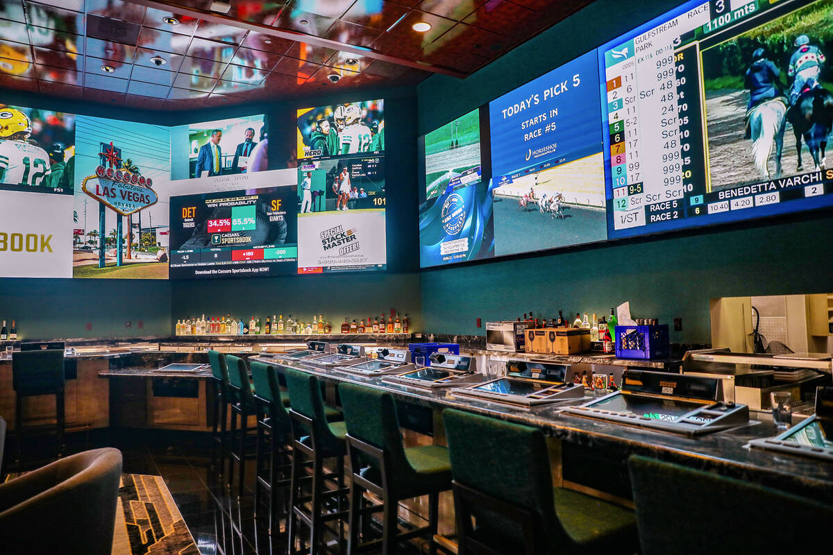 The newly renovated sportsbook at Harrah’s in Las Vegas, Wednesday, June 29, 2022. (Rach ...