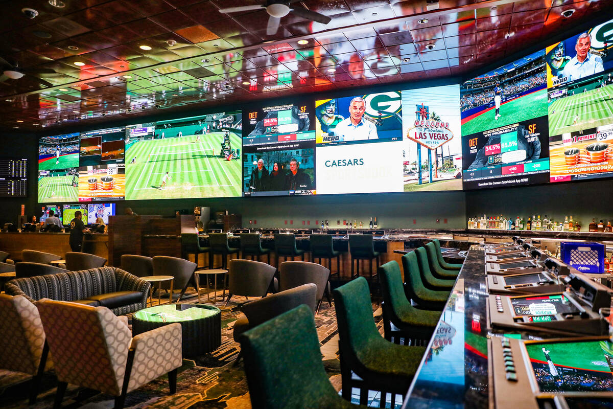 The newly renovated sportsbook at Harrah’s in Las Vegas, Wednesday, June 29, 2022. (Rach ...