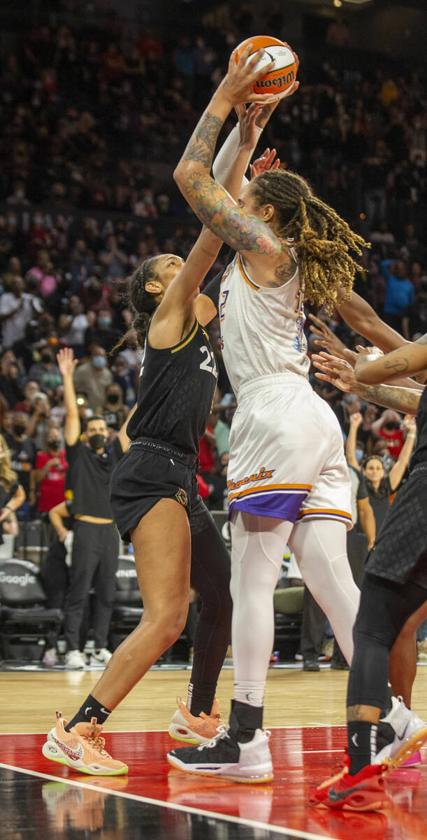 Las Vegas Aces forward A'ja Wilson (22) tries to take away the basketball from Phoenix Mercury ...