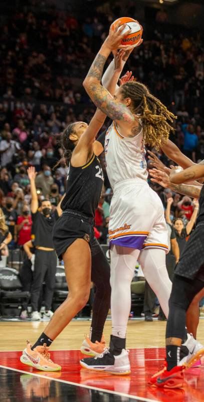 Las Vegas Aces forward A'ja Wilson (22) tries to take away the basketball from Phoenix Mercury ...