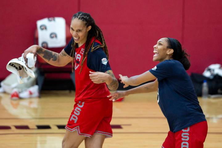 Brittney Griner, left, and A'ja Wilson, who plays for the Las Vegas Aces in the WNBA, break out ...