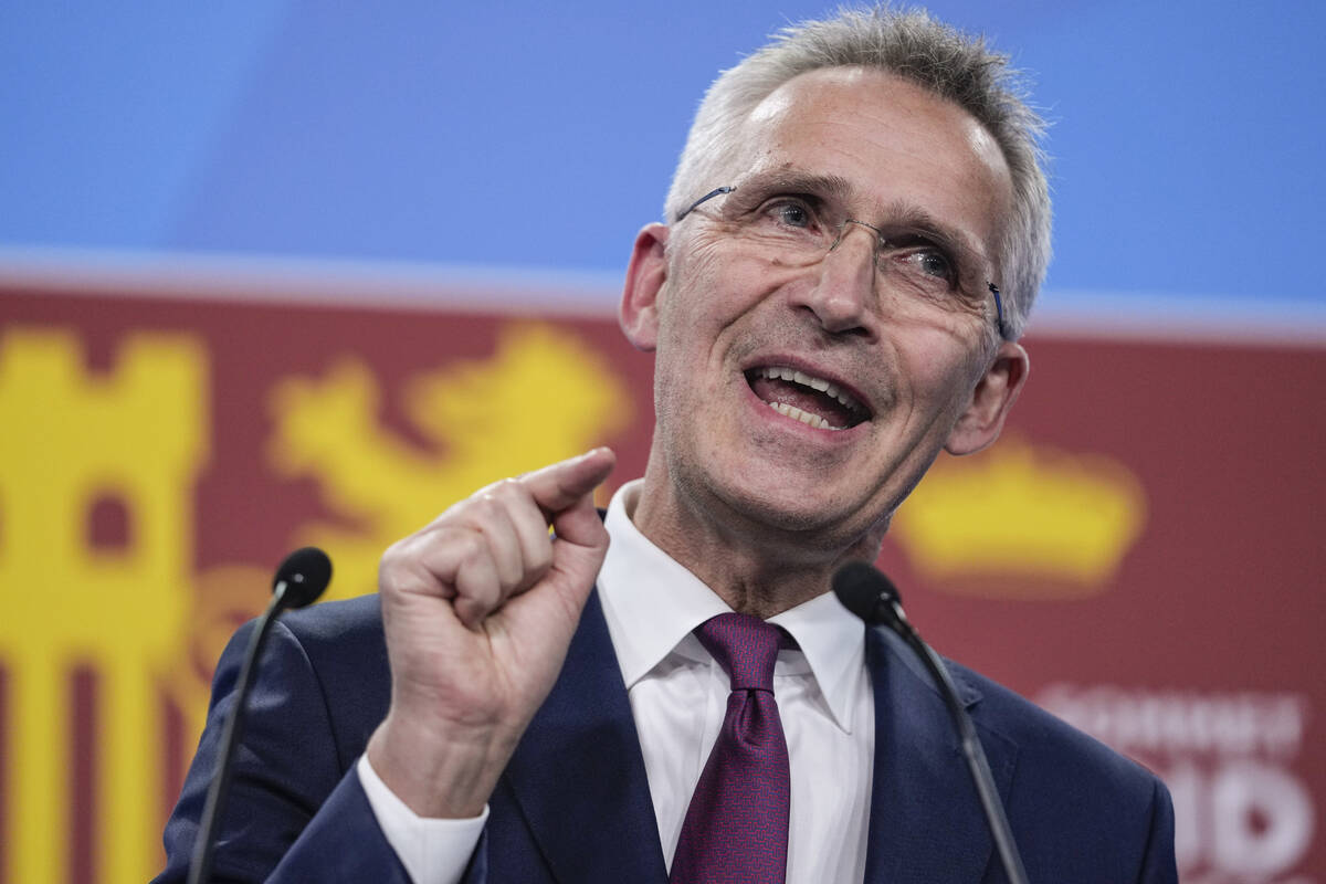 NATO Secretary General Jens Stoltenberg speaks during a press conference during a NATO summit i ...