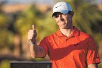 Rory McIlroy gestures after winning the CJ Cup golf tournament at the Summit Club in Las Vegas, ...