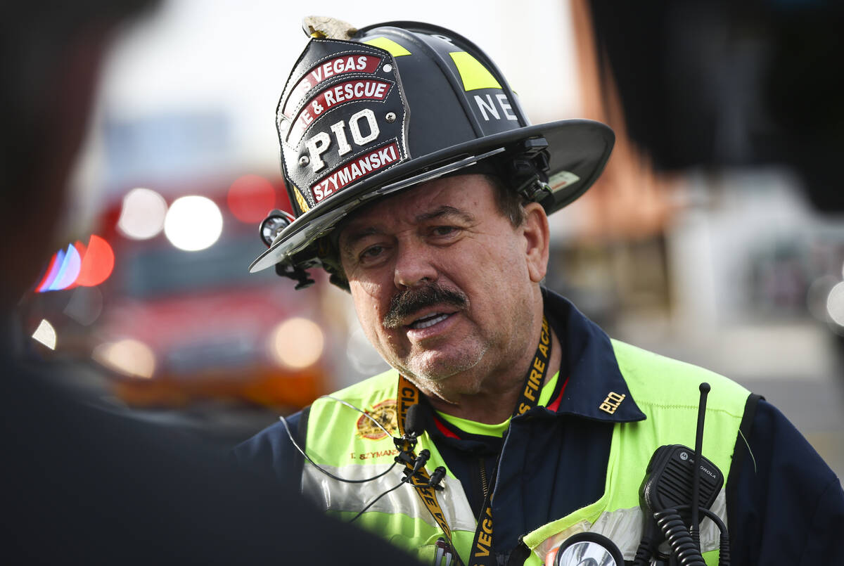 Las Vegas Fire & Rescue spokesman Tim Szymanski talks about a fire at the Alpine Apartment ...