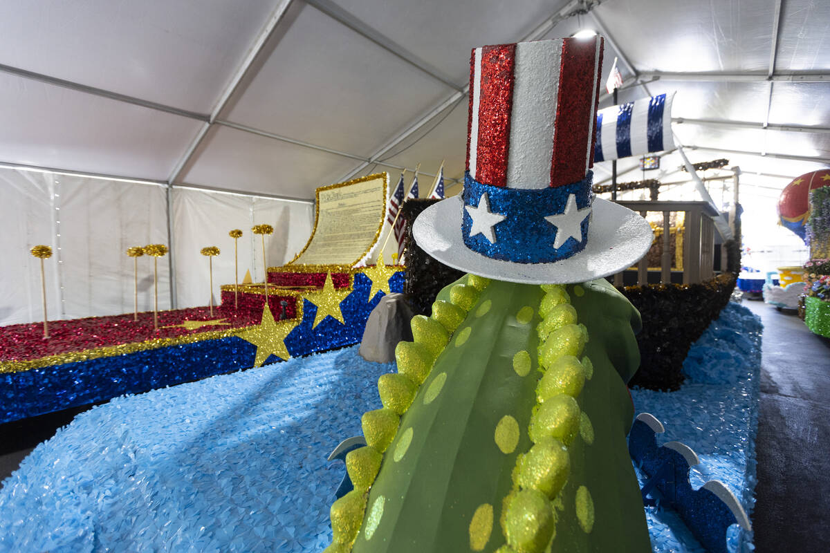 Parade floats are seen during a Summerlin Patriotic Parade media preview at Trails Park in Las ...