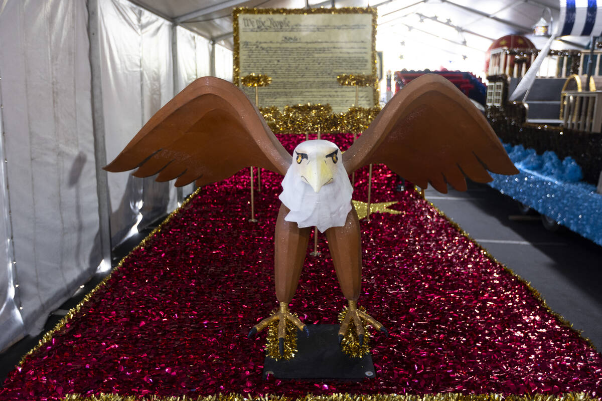 Parade floats are seen during a Summerlin Patriotic Parade media preview at Trails Park in Las ...