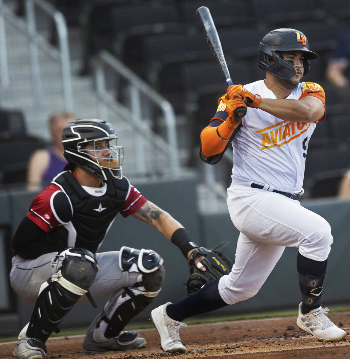 Aviators infielder Vimael Machin (9) turns on a pitch during a minor league baseball game again ...