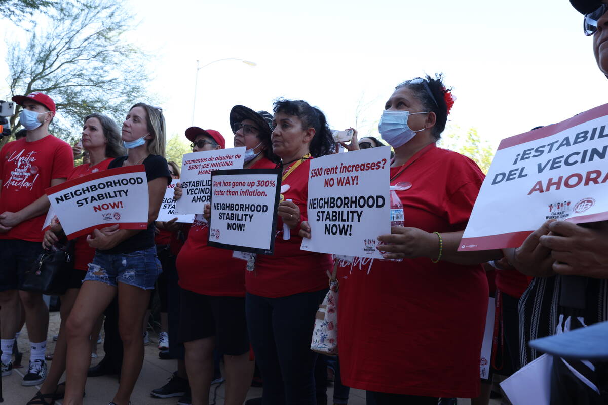 Culinary union members gather in support of a North Las Vegas rent control measure on June 30, ...
