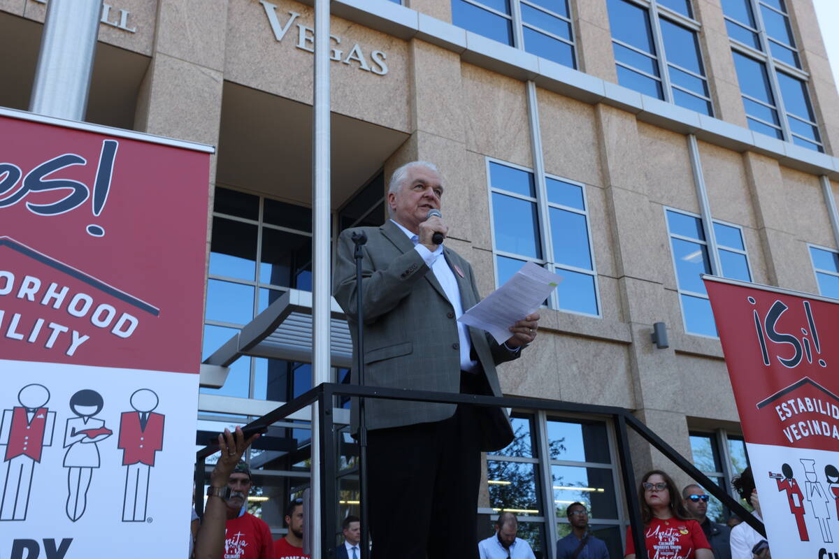 Gov. Steve Sisolak addresses a crowd of culinary union workers in support of a North Las Vegas ...
