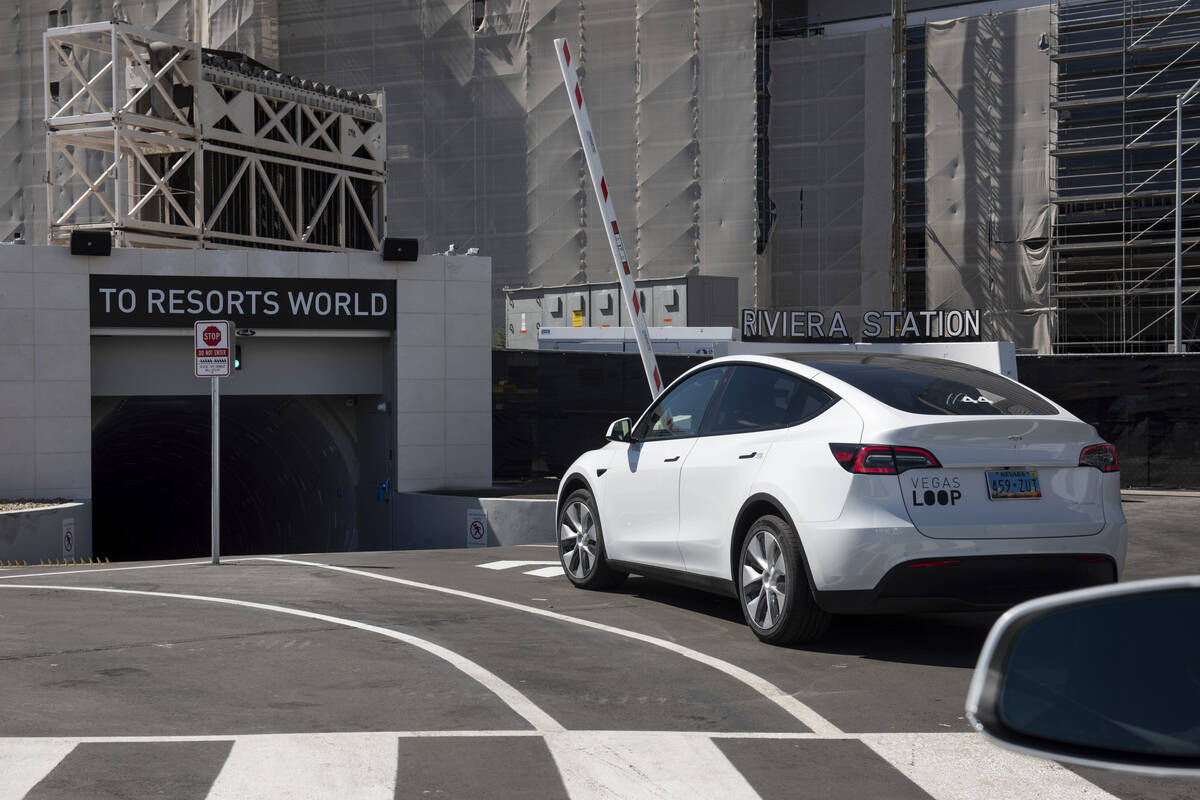 Teslas heading for Resorts World depart the Vegas Loop Riviera Station at the Las Vegas Convent ...