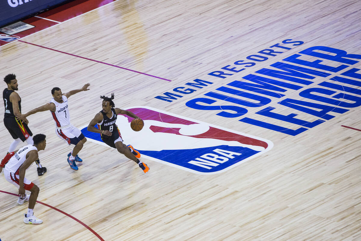 Atlanta Hawks' Tahjre McCall (8) brings the ball up court past Washington Wizards' Justin Robin ...