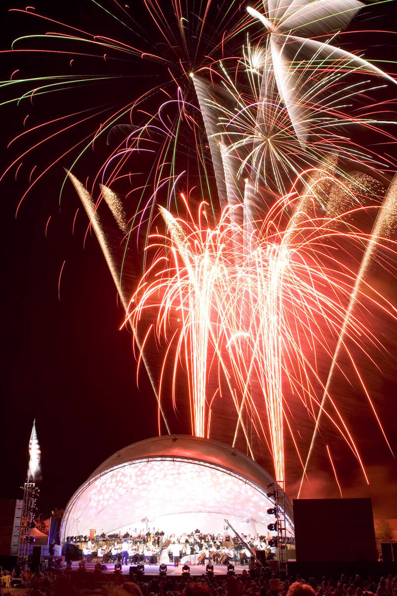 In this July 4, 2005, file photo, the Las Vegas Philharmonic orchestra perform its Star Spangle ...