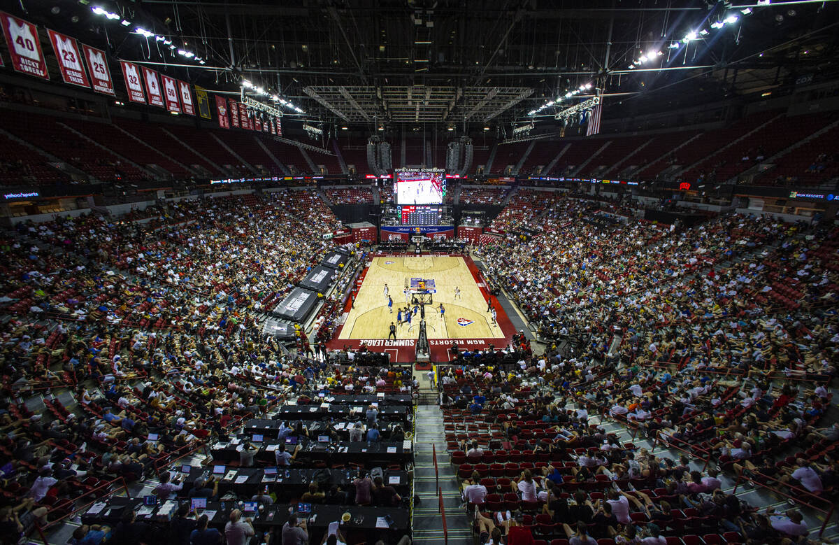 The Detroit Pistons play the Oklahoma City Thunder during the first half of an NBA Summer Leagu ...