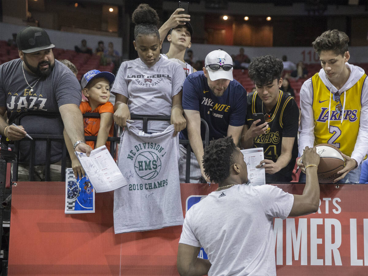 Utah Jazz star Donovan Mitchell signs autographs at the Thomas & Mack Center during the NBA ...