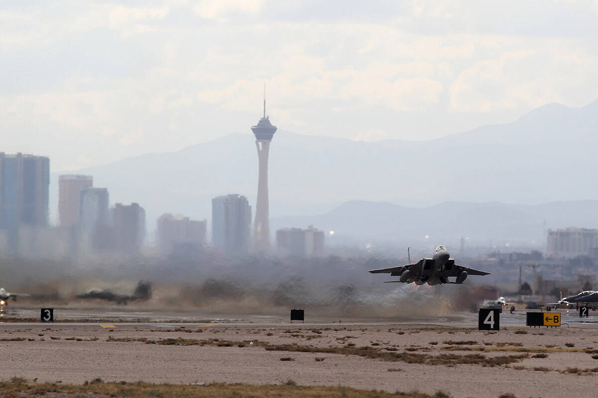 An F-15 takes off from Nellis Air Force Base in Las Vegas during Red Flag air combat exercise T ...