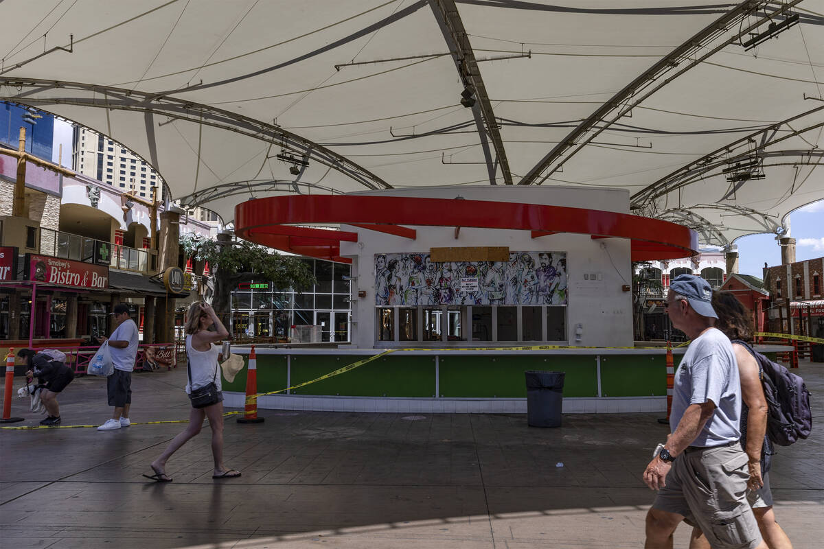 Pedestrians pass the closed Hawaiian Marketplace, Wednesday, June 29, 2022, on the Las Vegas St ...